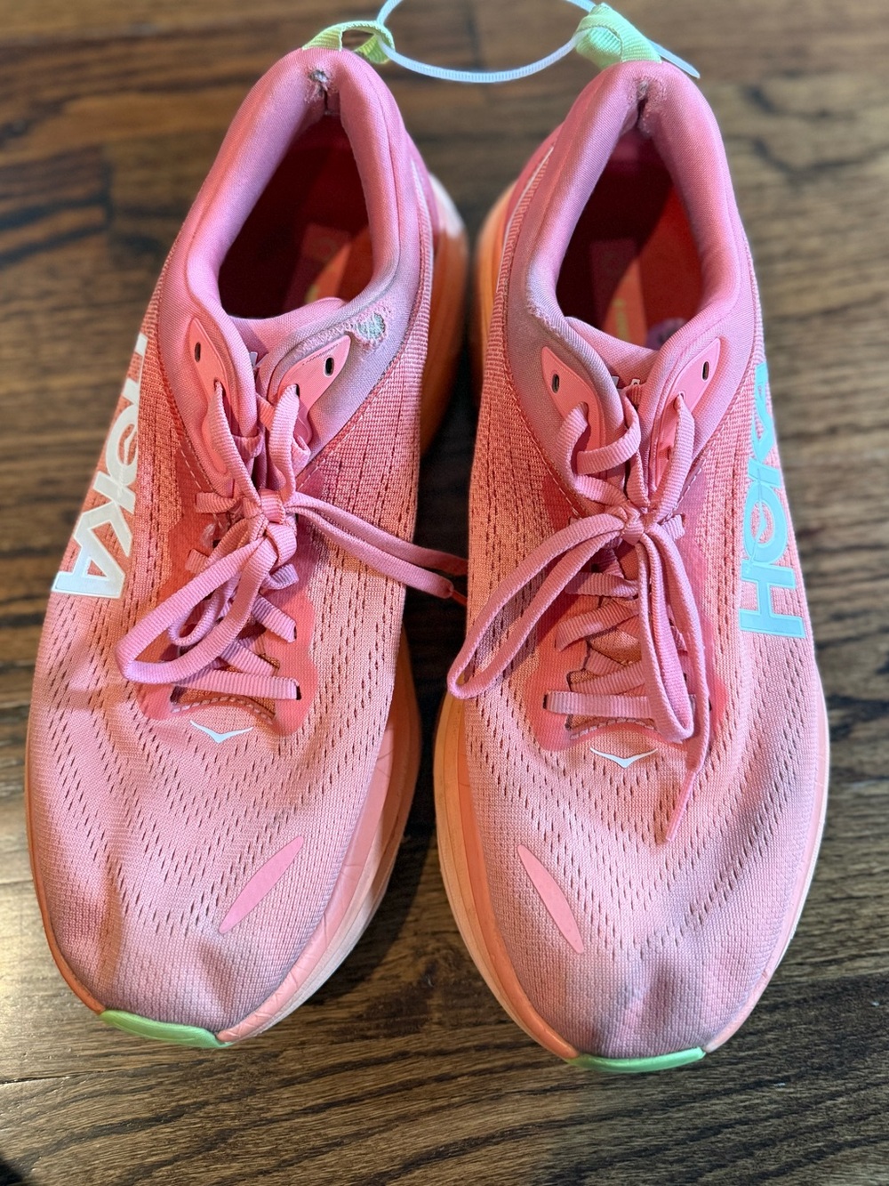 Hoka Women's Coral Pink Bondi 8 Athletic Running Shoes with Mint Accents 10B